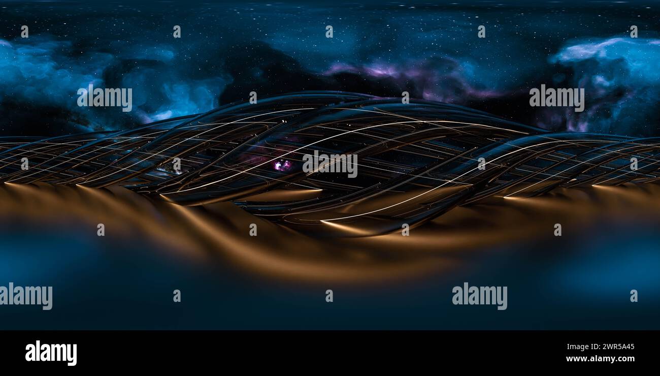 Misteriosa entità luminosa in mezzo a una rete di linee dorate su sfondo cosmico 360 mappa dell'ambiente vr panoramica Foto Stock