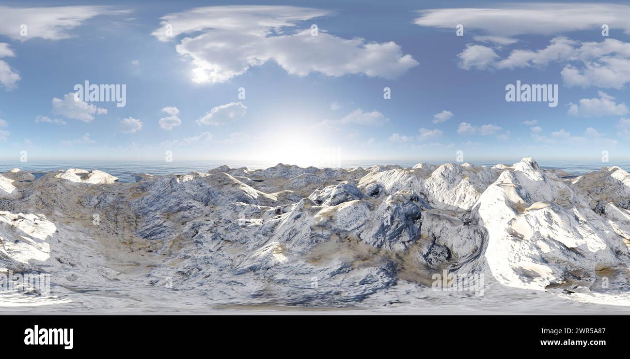 Maestosa catena montuosa coperta di neve sotto un cielo azzurro cristallino a mezzogiorno 360 mappa panoramica dell'ambiente vr Foto Stock