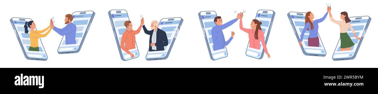 Amicizia online. Chiamata telefonica. Gli amici battono le mani. Conversazione digitale. Finestra di dialogo Hi virtuale. Messaggio nello smartphone. Comunicazione remota delle persone. Cinque gesti alti. Tecnologia di chat mobile. Set piatto vettoriale Illustrazione Vettoriale