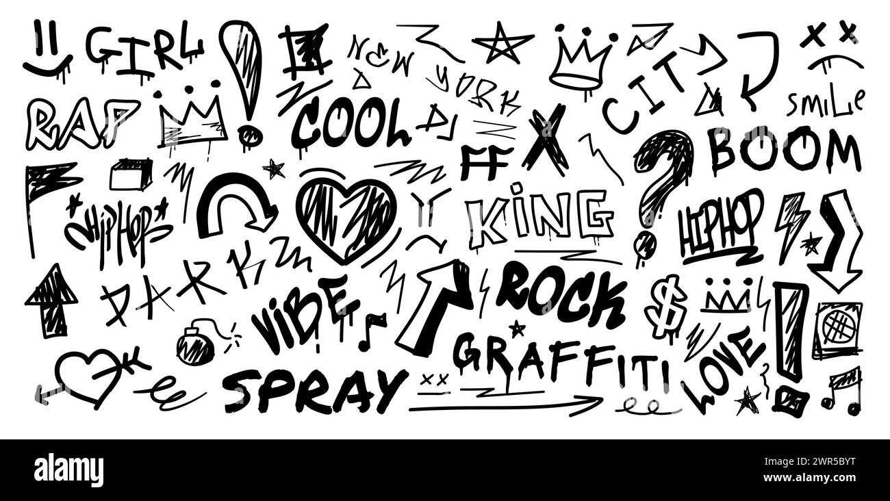 Elementi spray graffiti. Font Art Doodle. Texture a pennello urbano. Linee nere tracciate a mano. Cuore grafico o stella. Pittura murale. Marcatore. Stampa sotterranea. Set di icone del testo di disegno con effetto grunge vettoriale Illustrazione Vettoriale