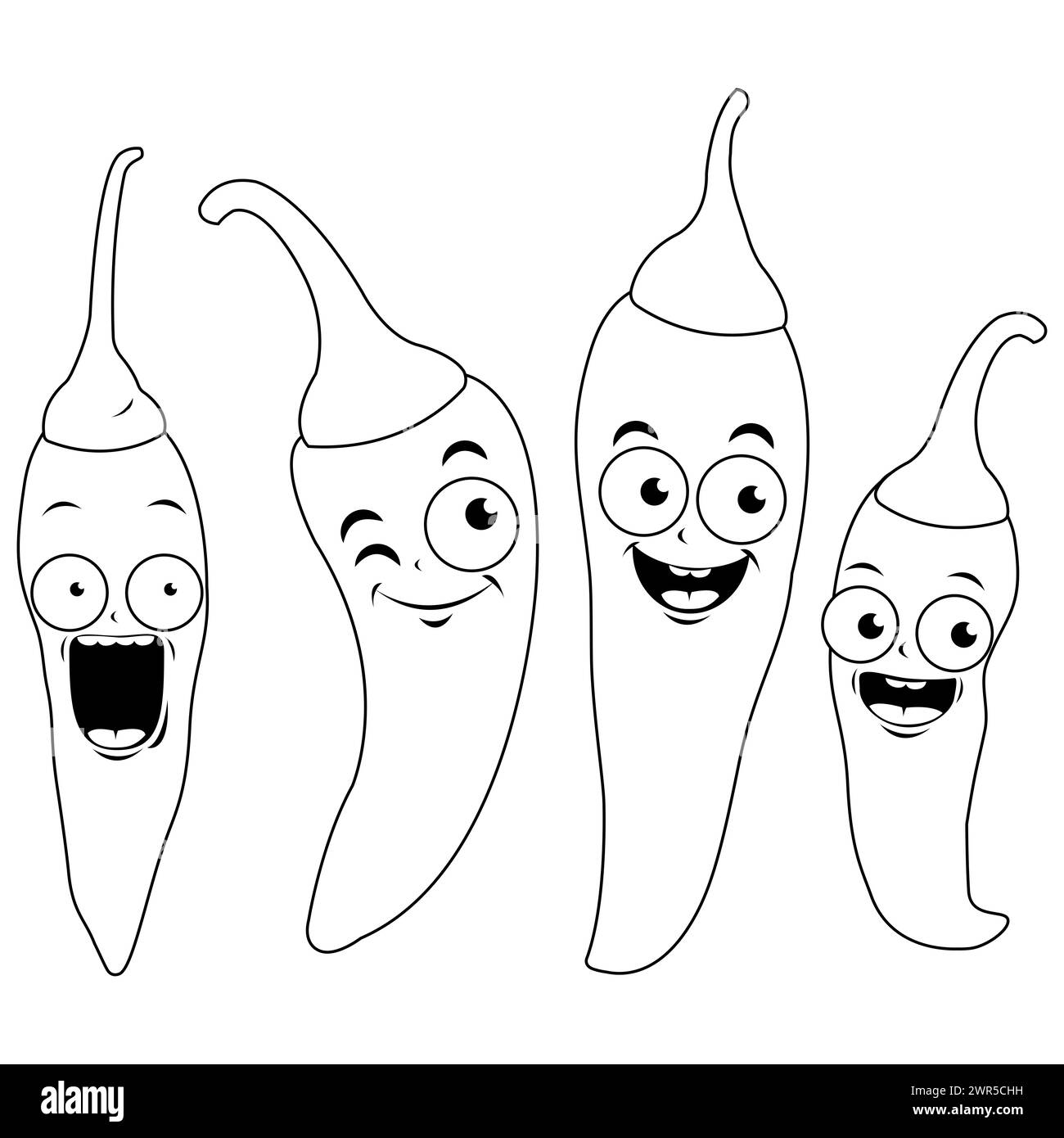 Personaggi cartoni animati di peperoncino piccante. Peperoncini jalapeno piccanti messicani. Pagina da colorare in bianco e nero Foto Stock