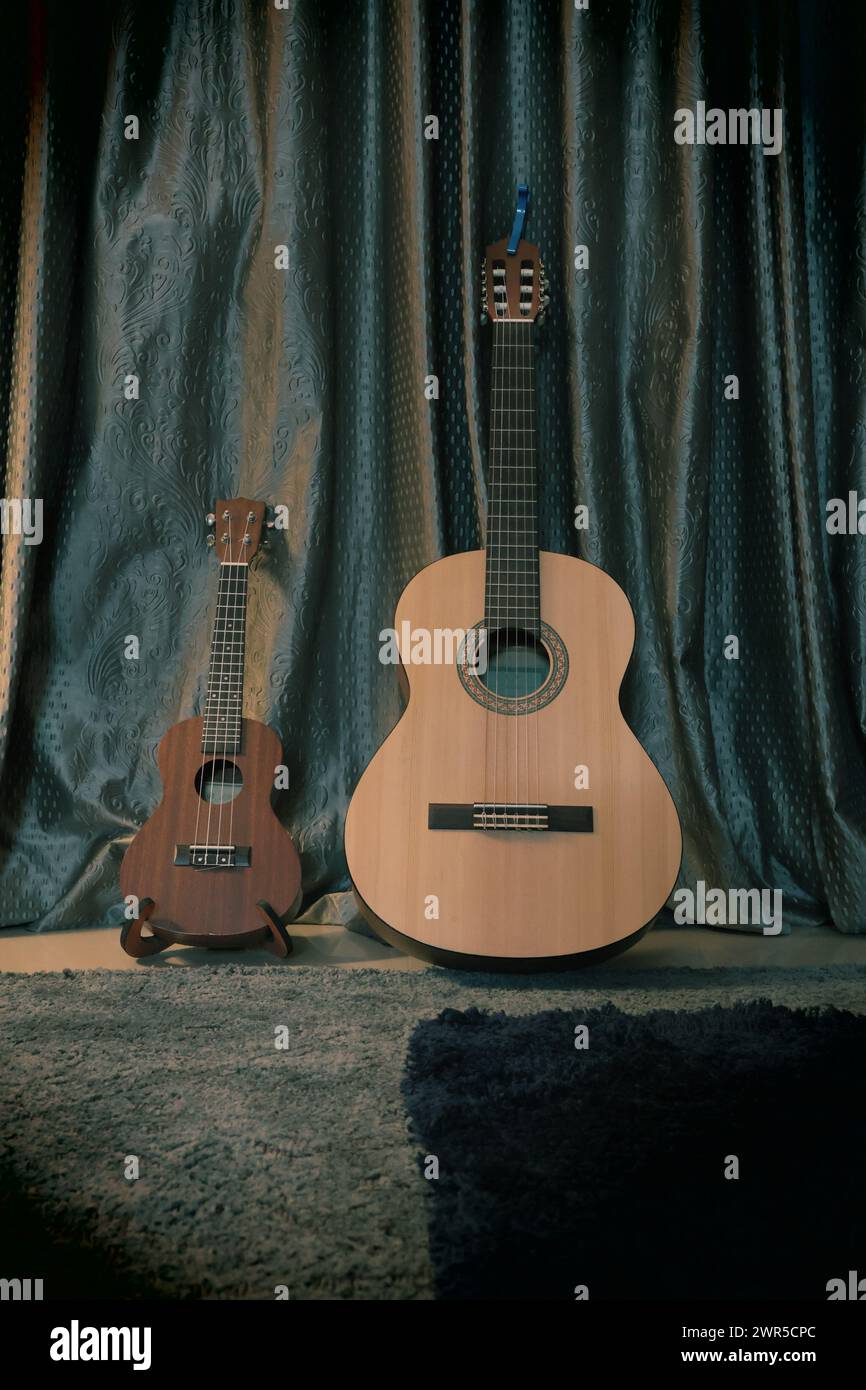 Un Ukulele e una chitarra classica Foto Stock