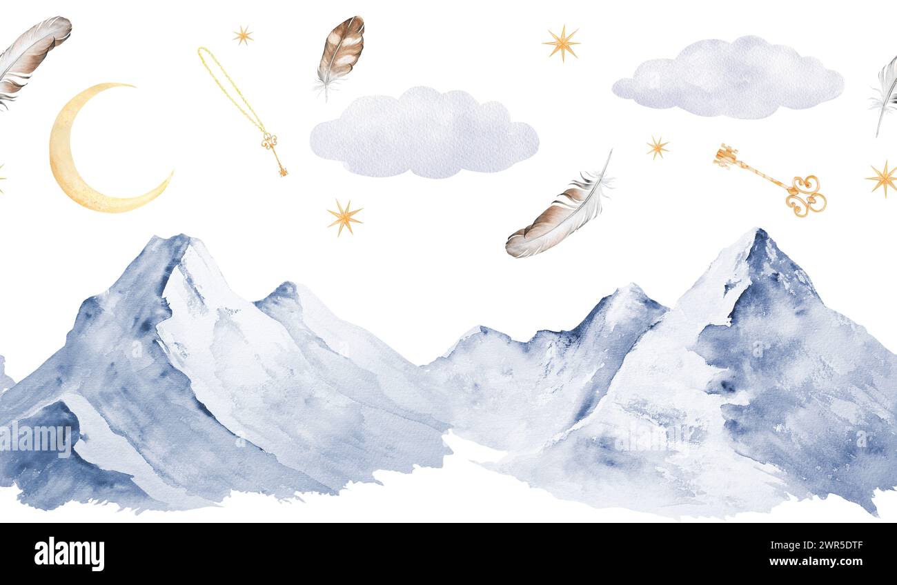 Striscione o cornice senza cuciture con illustrazione ad acquerello di montagne, chiavi, piume, luna, stelle, nuvole. Paesaggio fatto a mano, adatto per Foto Stock