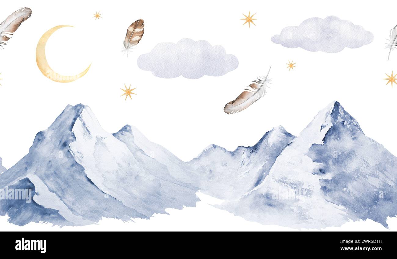 Striscione o cornice senza cuciture con immagini ad acquerello di montagne, piume, luna, stelle, nuvole. Paesaggio fatto a mano, adatto per Foto Stock