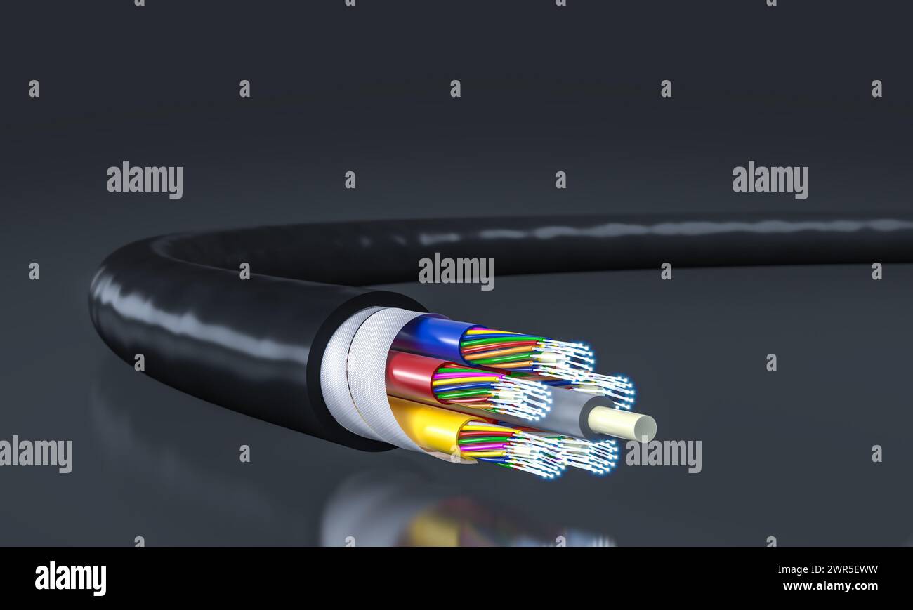 Rendering 3d dettagliato che mostra la struttura interna di un moderno cavo in fibra ottica. Foto Stock