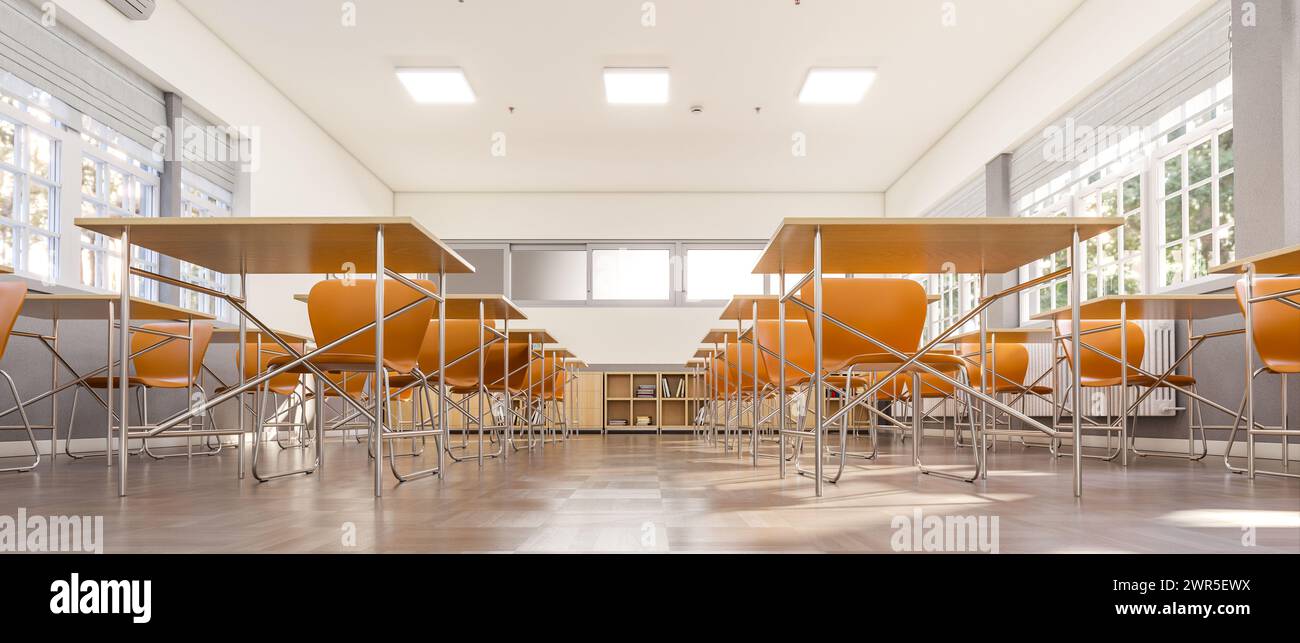 vista dall'interno di una classe della scuola elementare dal basso. rendering 3d. Foto Stock