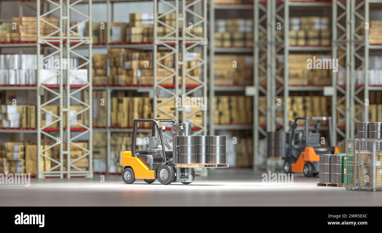 Carrello elevatore a forche operativo per il trasporto di merci in un ambiente di magazzino affollato. rendering 3d. Foto Stock