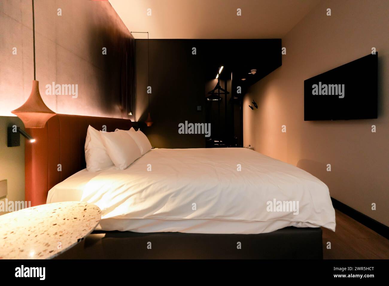 Una camera da letto di lusso con un letto spazioso e una moderna TV a schermo piatto montata a parete, creando uno spazio confortevole ed elegante per rilassarsi Foto Stock