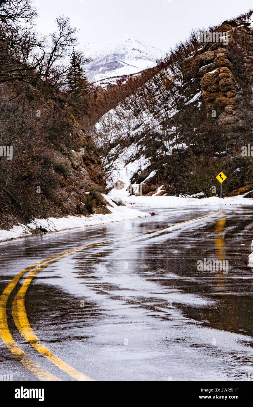 Pavimentazione bagnata che si snoda tra le montagne Foto Stock