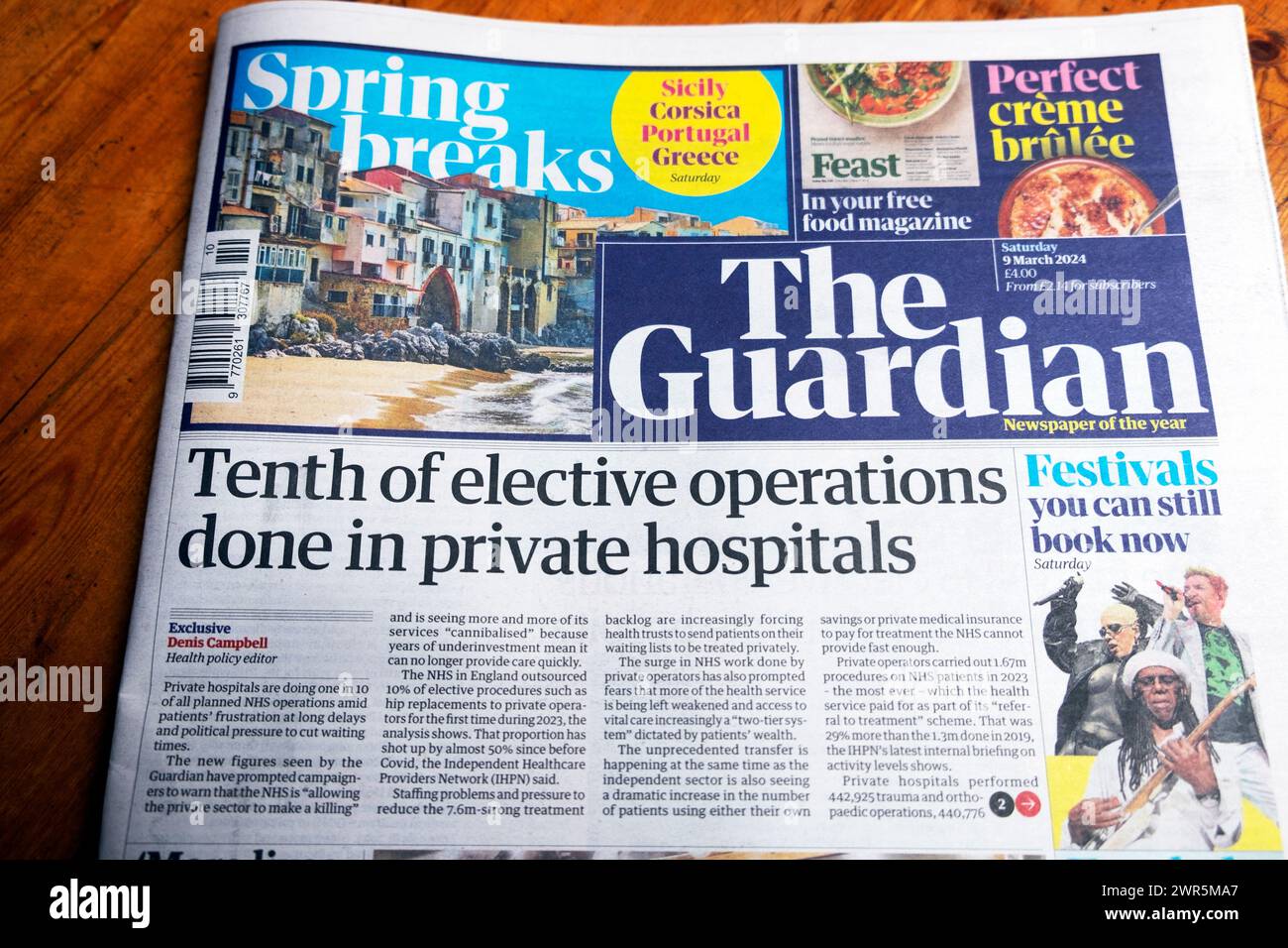 "Decimo delle operazioni elettive effettuate in ospedali privati" Guardian in prima pagina NHS sottoinvestimento 9 marzo 2024 Londra Inghilterra Regno Unito Foto Stock
