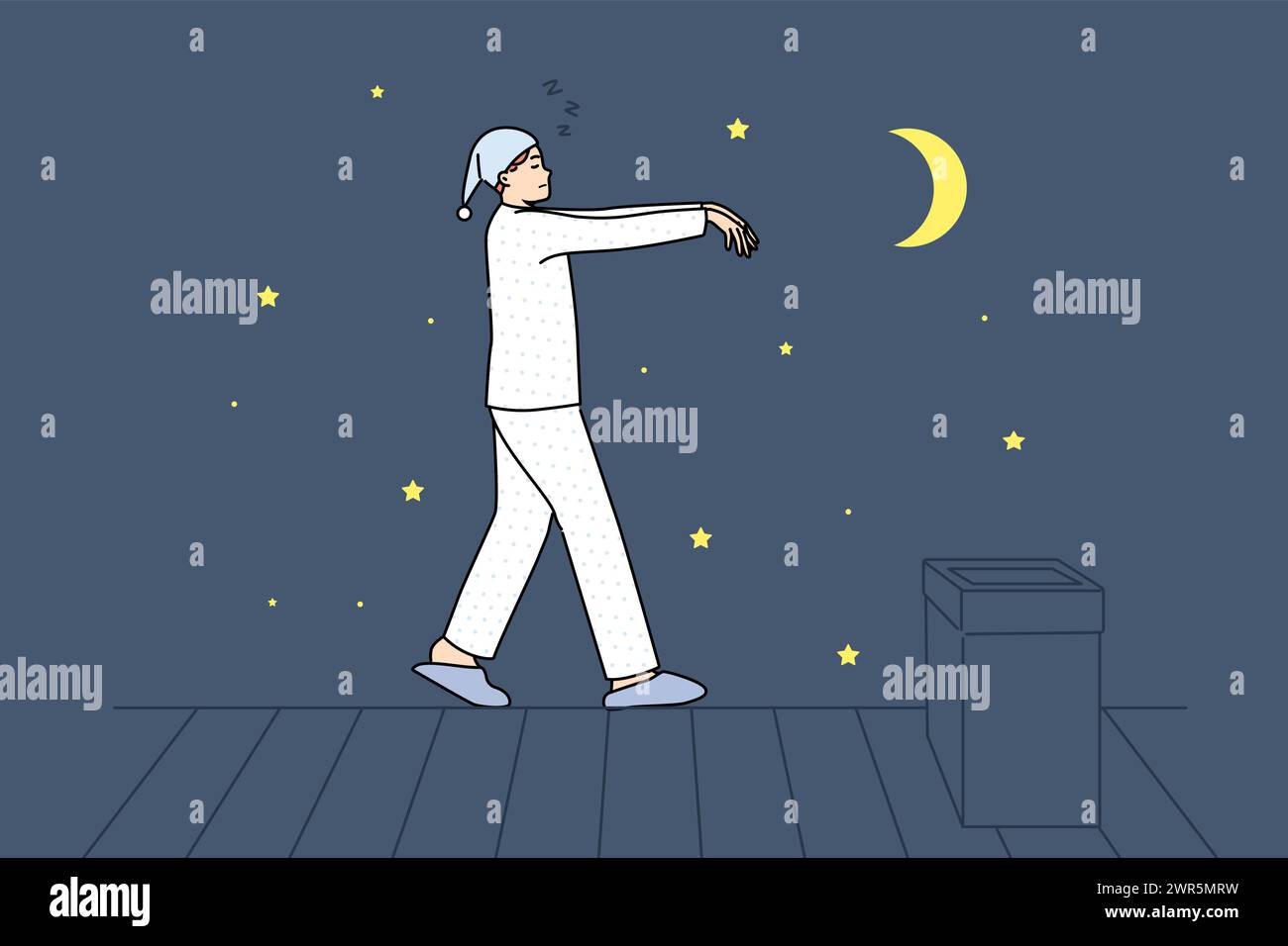 Sonnambulismo uomo cammina sul tetto di casa di notte, camminando in stato di inconscio a causa della malattia somnambulismo. Un ragazzo addormentato in simpatici pigiami e berretto rischia di cadere dall'alto e di ferirsi Illustrazione Vettoriale