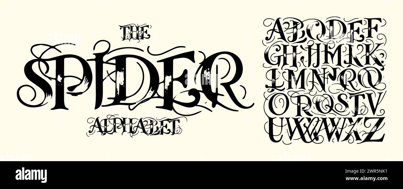 Calligrafia in ragnatela gotica, inquietanti alfabeti scritti a mano, lettere ornamentali scure per loghi mistici, sinistre copertine di libri, arte di Halloween. Vintage Illustrazione Vettoriale