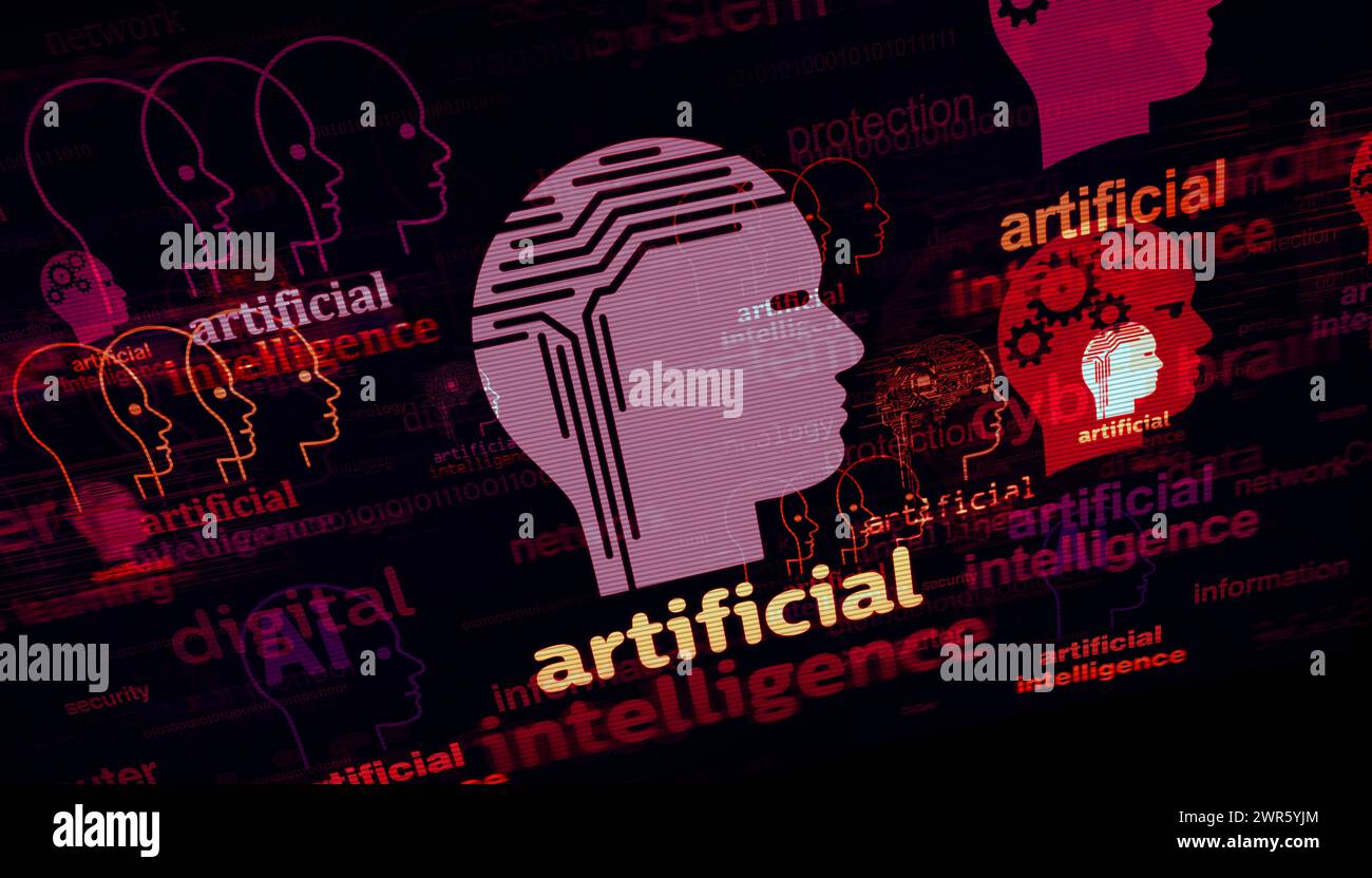 Intelligenza artificiale reti neurali concetto di tecnologia simbolo ai. Segno astratto sulle schermate glitch illustrazione 3D. Foto Stock