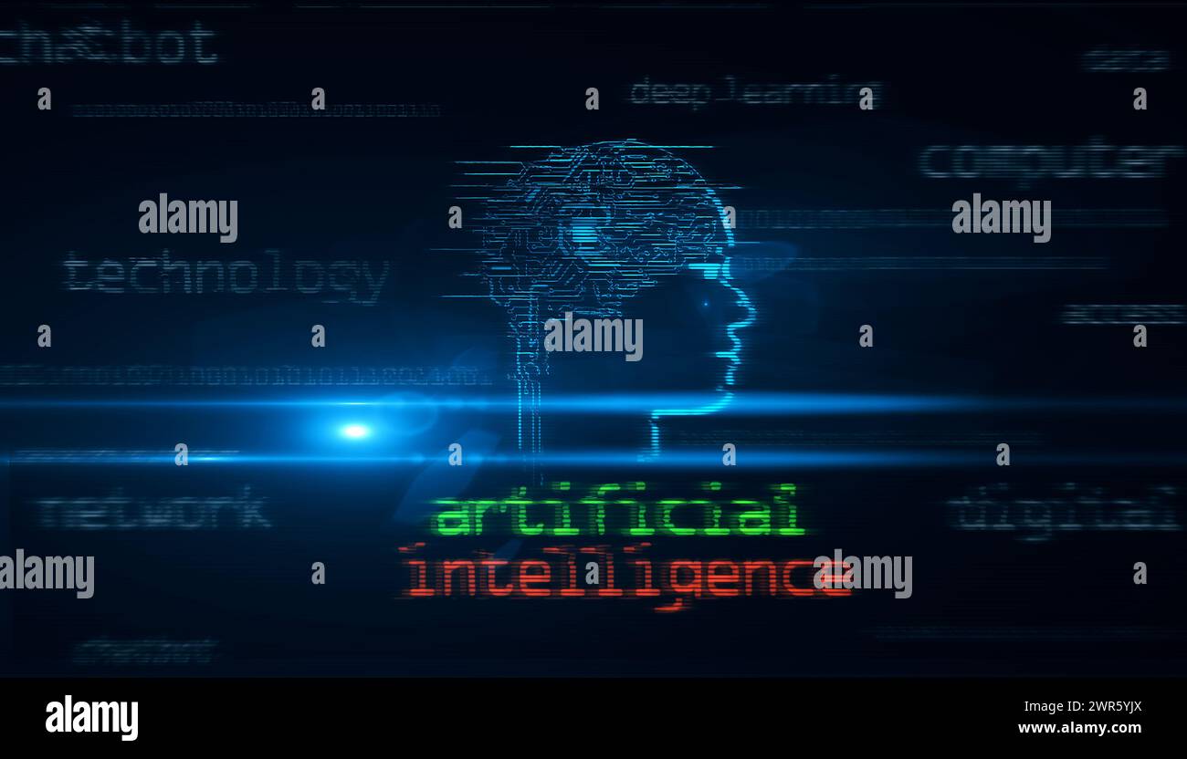 Intelligenza artificiale reti neurali concetto di tecnologia simbolo ai. Segno astratto sulle schermate glitch illustrazione 3D. Foto Stock