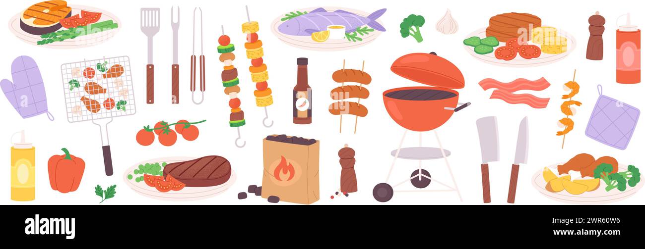 Cibo per barbecue. Pasti estivi per feste alla griglia. Elementi barbecue nel cortile o nel parco. Kebab, salsicce e pollo con verdure, raccolta di stravaganti vettori Illustrazione Vettoriale