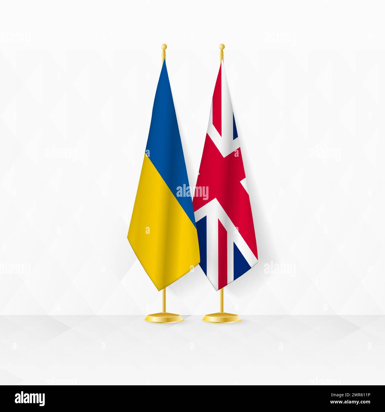 Bandiere dell'Ucraina e del Regno Unito sul banco di bandiera, illustrazione per la diplomazia e altri incontri tra Ucraina e Regno Unito. Illustrazione vettoriale. Illustrazione Vettoriale