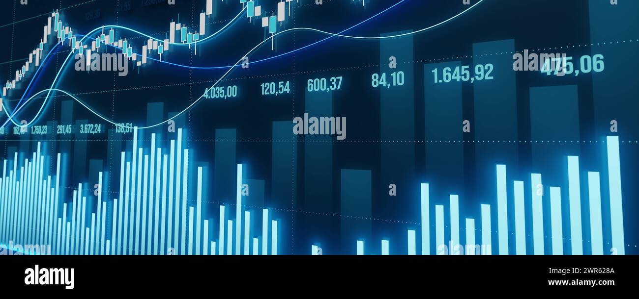 Grafico del mercato azionario e della Borsa, linee, grafico a barre. Grafico a barre, grafico che si sposta verso l'alto e verso il basso, mercato volatile, dati finanziari, dati. Mercato azionario ed escc Foto Stock