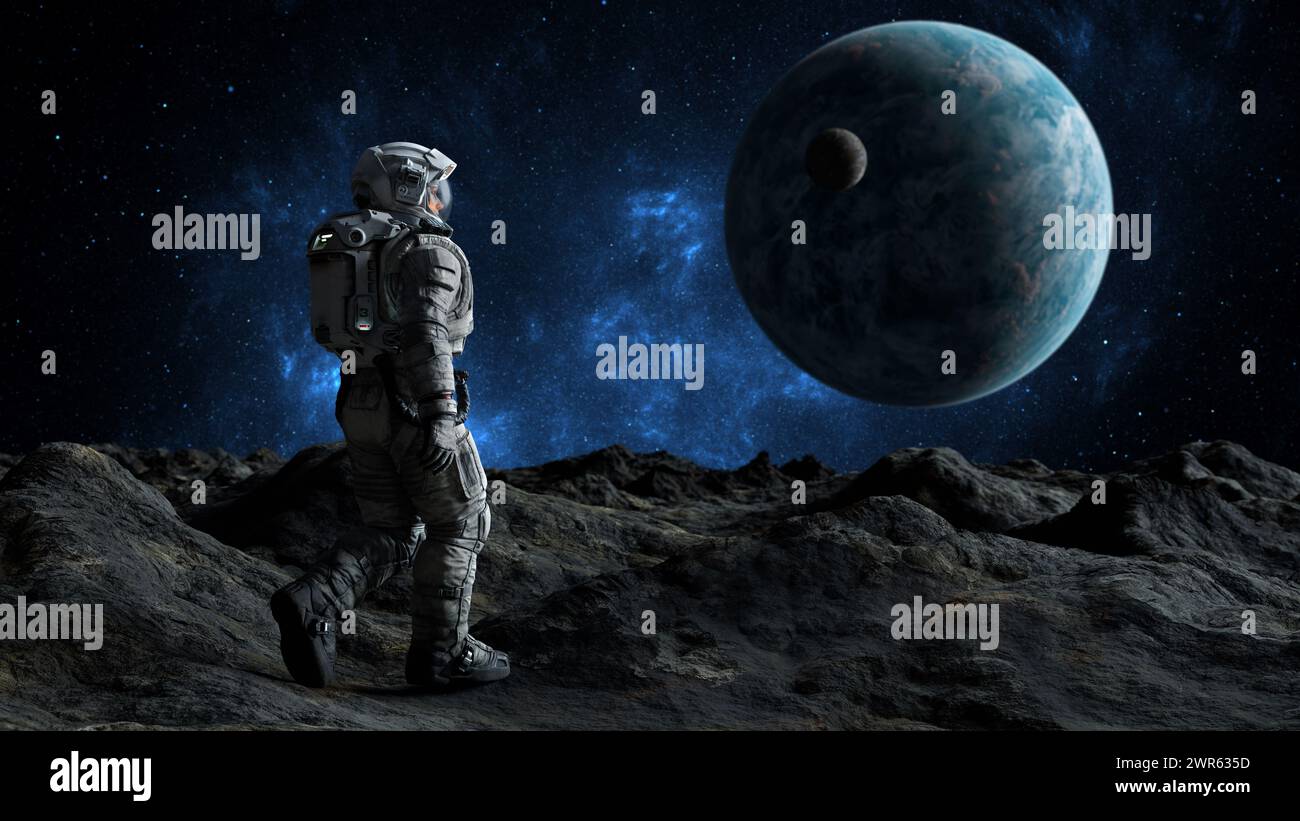 L'astronauta guarda un pianeta lontano e la sua luna sullo sfondo di una galassia illuminata da stelle. Passeggiata dei cosmonauti. rendering 3d. Foto Stock