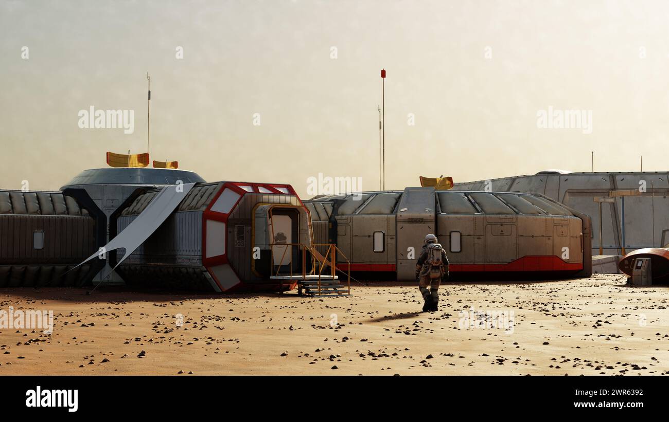 L'astronauta si avvicina ad una base marziana con strutture modulari sotto un cielo polveroso, colonizzazione. rendering 3d. Foto Stock
