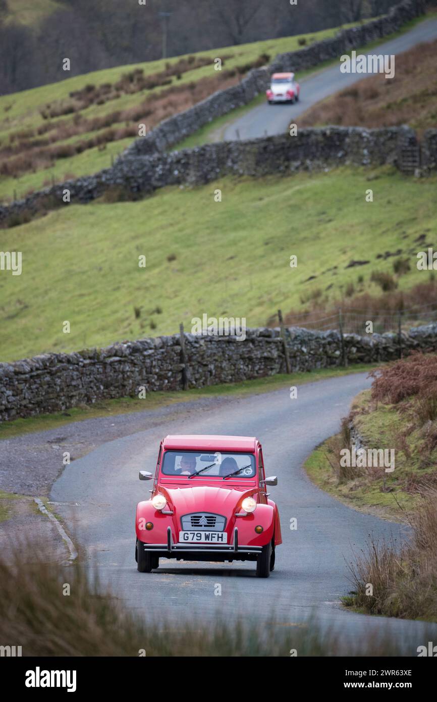 06/01/19 quaranta classici Citroen 2CV si fanno strada sulle brughiere dello Yorkshire partecipando all'annuale 'RAID Tan Hill' che vede la piccola 60 Foto Stock