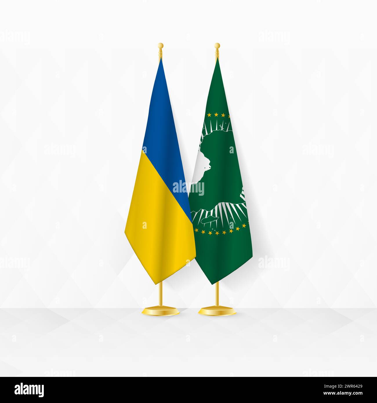 Bandiere dell'Ucraina e dell'Unione africana sul banco di bandiera, illustrazione per la diplomazia e altri incontri tra l'Ucraina e l'Unione africana. Illustrazione vettoriale. Illustrazione Vettoriale