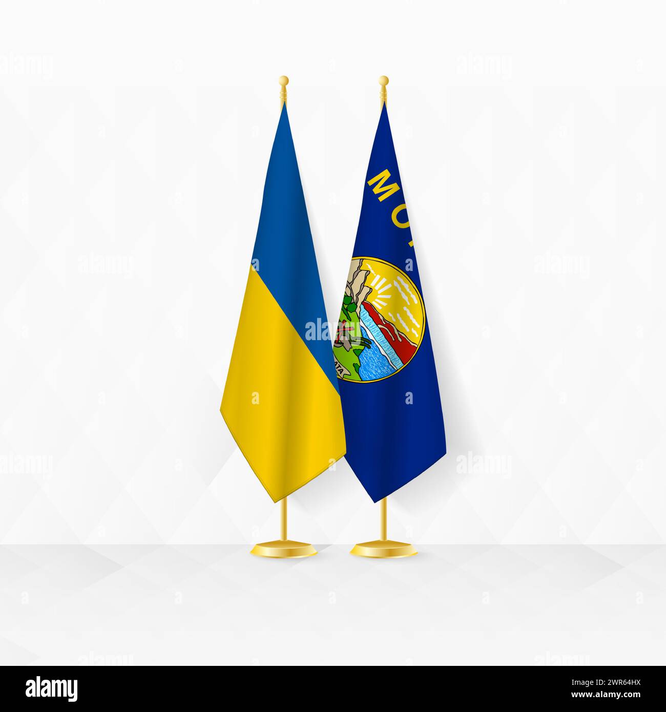 Bandiere dell'Ucraina e del Montana sul banco di bandiera, illustrazione per la diplomazia e altri incontri tra Ucraina e Montana. Illustrazione vettoriale. Illustrazione Vettoriale