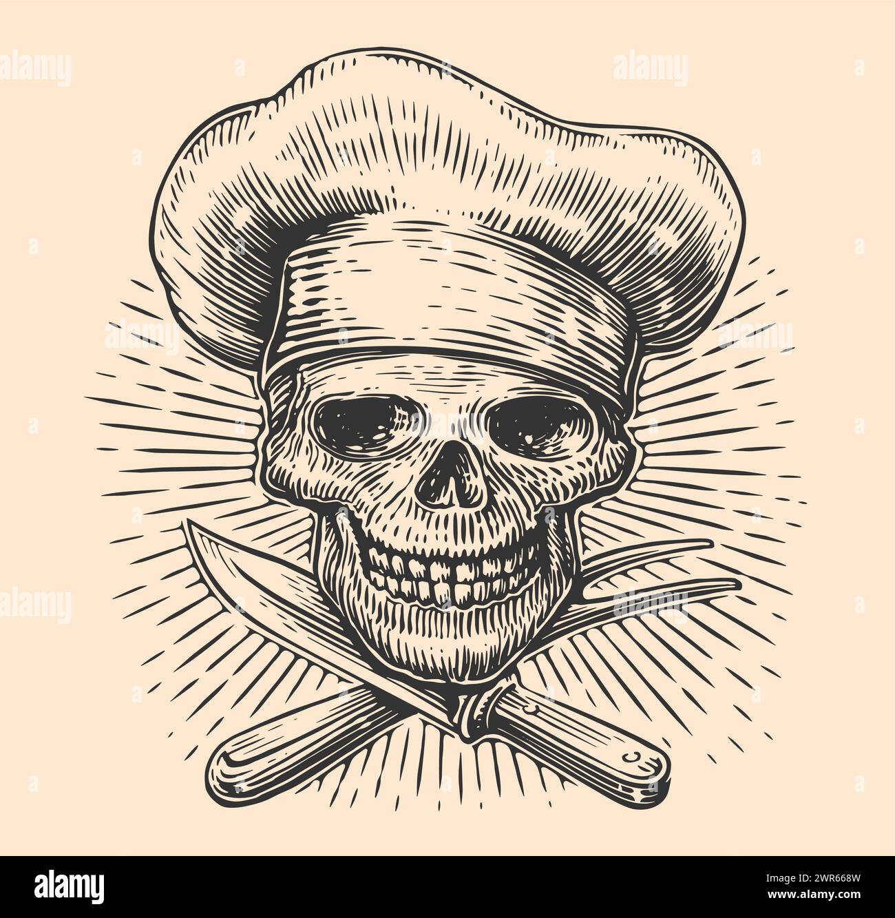 Skull Chef. Testa di scheletro nel cappello da cucina e utensili da cucina per preparare barbecue o cibi grigliati. Illustrazione vettoriale Illustrazione Vettoriale