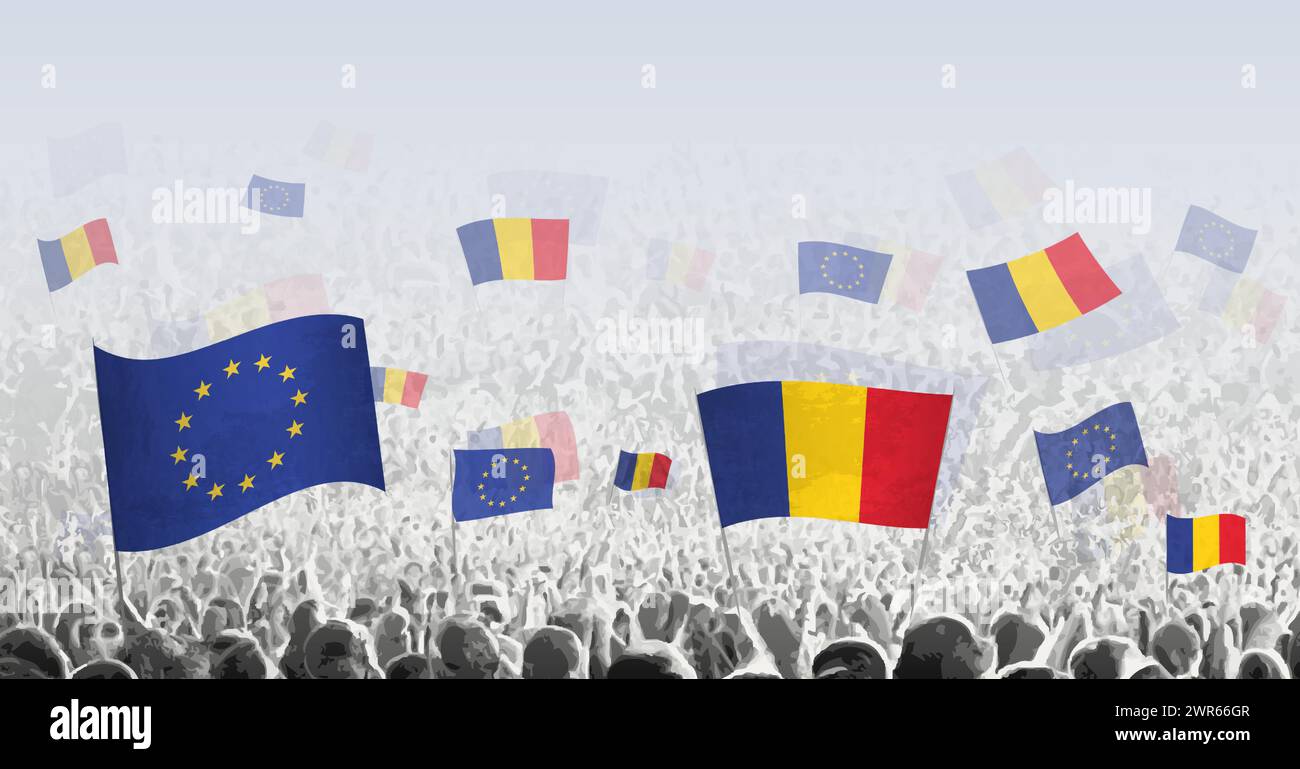 Folla con bandiera dell'Unione europea e della Romania, popolo della Romania con bandiera dell'UE. Illustrazione vettoriale. Illustrazione Vettoriale