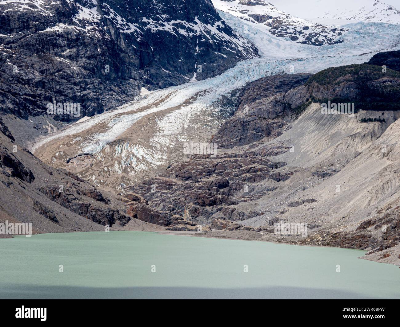 Lingua del ghiacciaio Calluqueo e lago glaciale, Patagonia, Cile Foto Stock