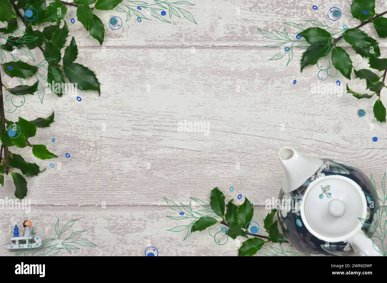 Foto abbinata a cornice grafica con foglie verdi, decorazione blu, spazio vuoto da riempire. Foto Stock