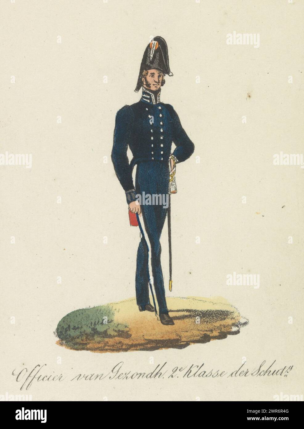 Ufficiale sanitario 2e Klasse der Schut.ij (titolo sull'oggetto), uniformi militari olandesi negli anni 1830-1832 (titolo di serie), ufficiale sanitario permanente di seconda classe dello Schutterij. Parte di una serie di 157 fogli sciolti con uniformi militari olandesi negli anni 1830-1832., tipografo: Albertus Verhoesen, (attribuito a), tipografo: Johannes Paulus Houtman, tipografo: Paesi Bassi, tipografo: Utrecht, 1835 - 1850, carta, altezza c. 170 mm x larghezza c. 110 mm, stampa Foto Stock
