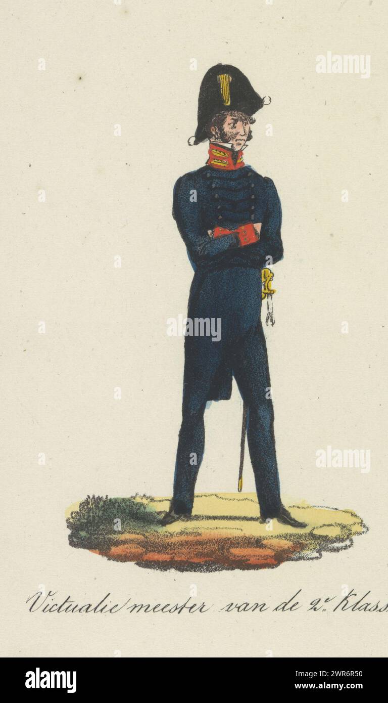 Victualie maestro della seconda classe (titolo su oggetto), uniformi militari olandesi negli anni 1830-1832 (titolo di serie), Un maestro victualie di seconda classe della Marina, a piedi. Parte di una serie di 157 fogli sciolti con uniformi militari olandesi negli anni 1830-1832., tipografo: Albertus Verhoesen, (attribuito a), tipografo: Johannes Paulus Houtman, tipografo: Paesi Bassi, tipografo: Utrecht, 1835 - 1850, carta, altezza c. 170 mm x larghezza c. 110 mm, stampa Foto Stock