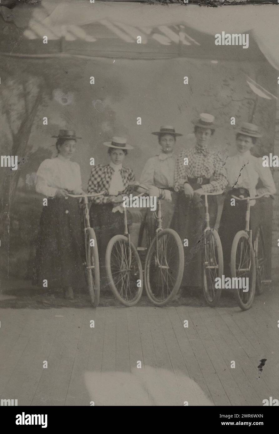 Ritratto di gruppo di cinque donne, in possesso di biciclette, in piedi di fronte a una tela dipinta con un paesaggio forestale sopra la quale parte della tela della tenda del fotografo, anonima, Stati Uniti d'America, (eventualmente), c. 1890 - 1910, metallo, ferrotipizzazione, altezza 84 mm x larghezza 59 mm, fotografia Foto Stock