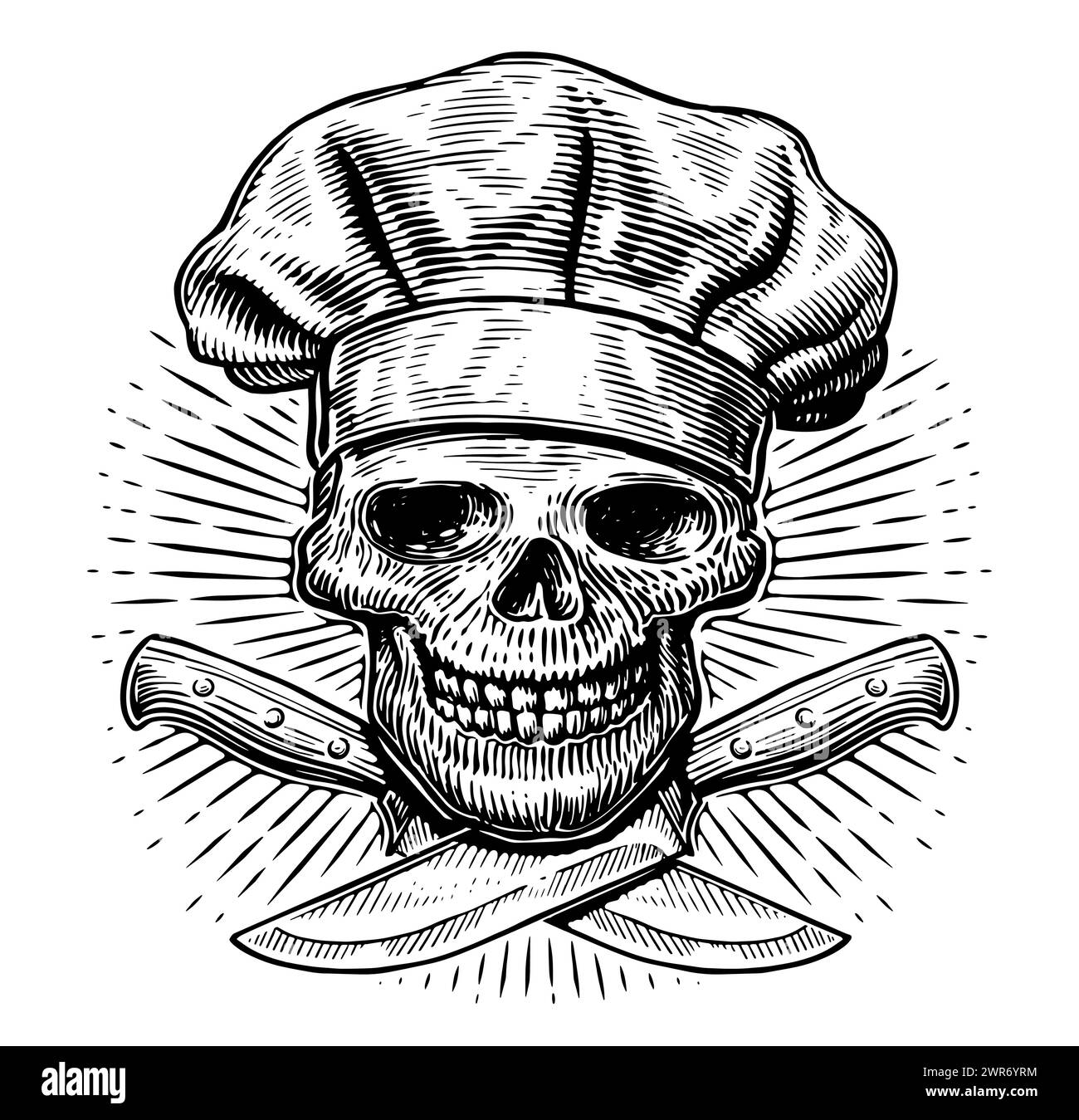 Teschio dello chef e coltelli incrociati. Cucina, concetto di preparazione del cibo. Illustrazione vettoriale vintage disegnata a mano Illustrazione Vettoriale