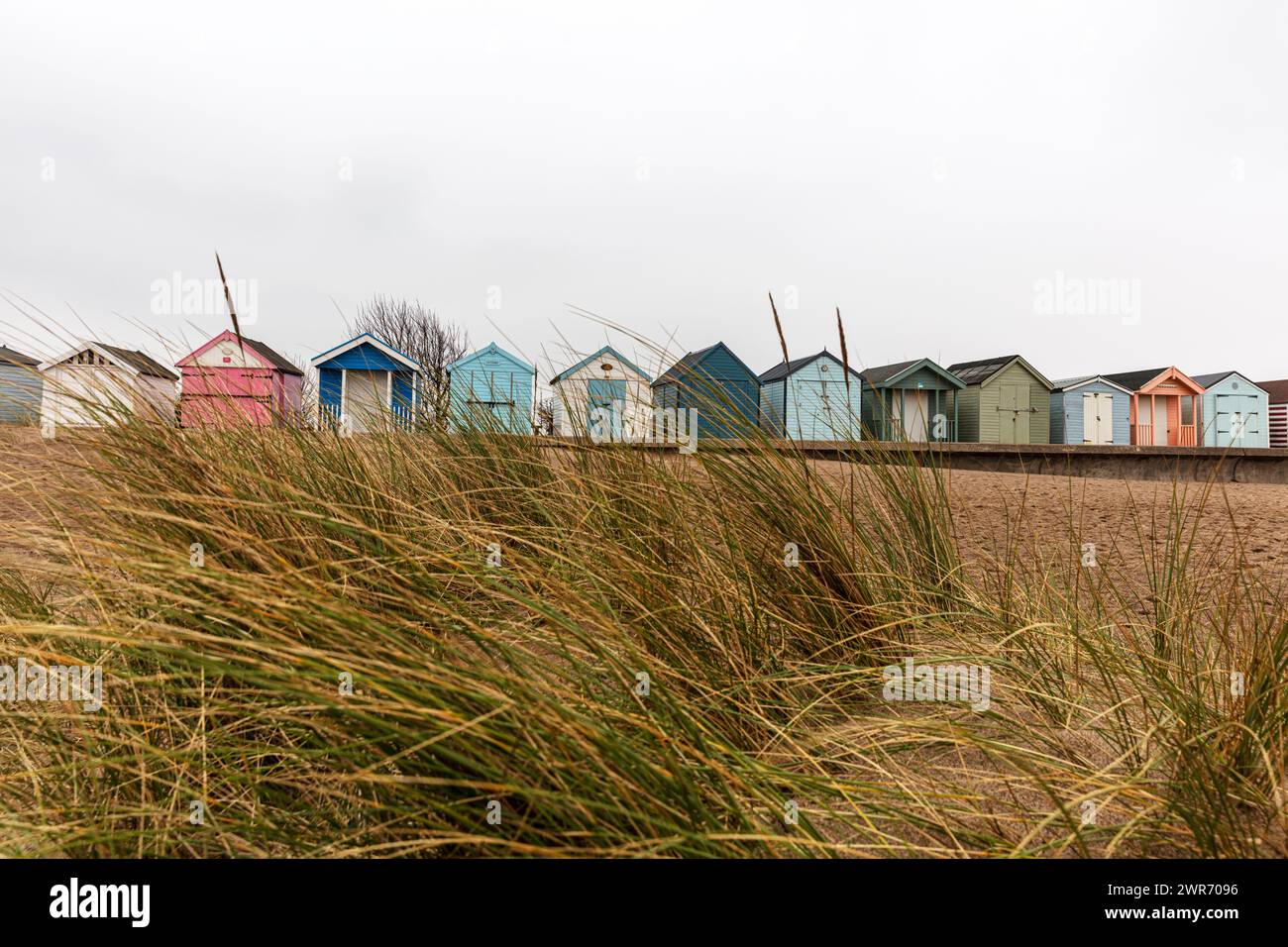 capanne, spiaggia, capanne, chalet, capanna, hut, Chapel St Leonards, Lincolnshire, Regno Unito, Inghilterra, costa, spiaggia, chalet sulla spiaggia, Foto Stock