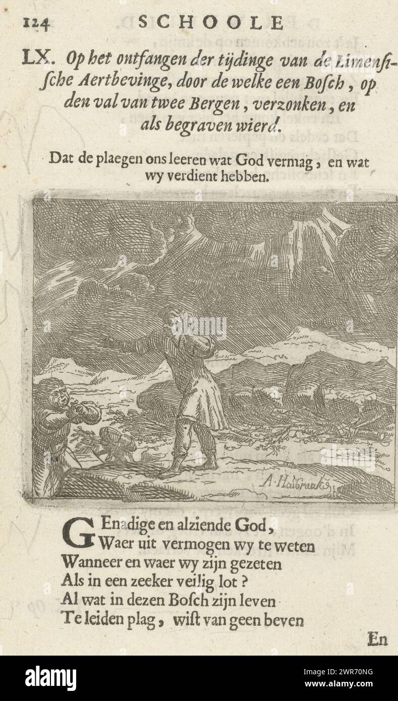 Figure in un paesaggio in condizioni meteorologiche avverse, LX. Al ricevimento della notizia del terremoto di Limensiano (...) E come tumulo sepolto (titolo su oggetto), Un paesaggio montano con figure terrorizzate sotto nuvole scure. A sinistra una figura si unisce alle mani. Immagine di un libro contenente 36 immagini con immagini. Stampa utilizzata in: F. van Hoogstraten, la scuola del mondo, 1682., stampatore: Arnold Houbraken, Paesi Bassi del Nord, 1682, carta, incisione, stampa con carta intestata, altezza 70 mm x larghezza 85 mm, altezza 157 mm x larghezza 96 mm, stampa Foto Stock