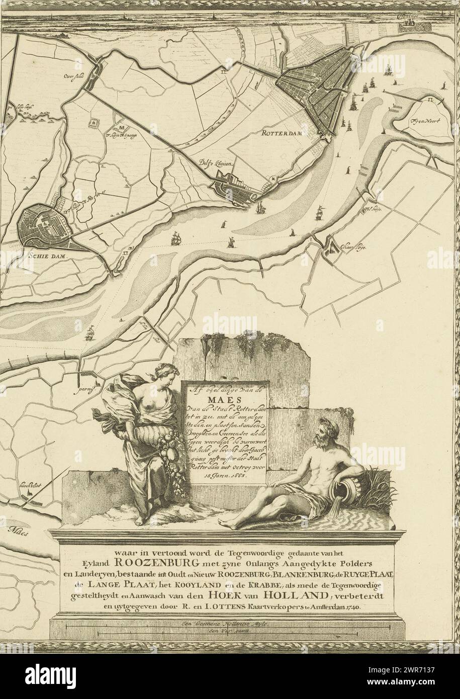 Mappa del Maas da Rotterdam al Mare del Nord (quarta parte), raffigurazione del Maes dalla città di Rotterdam al mare, con le città vicine, e luoghi, sabbia, aridi e corsi, così come è attualmente navigato (titolo su oggetto), quarta parte di una mappa della Mosa da Rotterdam al Mare del Nord., stampatore: Joost van Geel, su progetto di: Joost van Geel, editore: Reinier Ottens (i) & Josua, stampatore: Rotterdam, editore: Amsterdam, editore: Rotterdam, 1666 e/o 1740, carta, incisione, incisione, altezza 500 mm x larghezza 360 mm Foto Stock