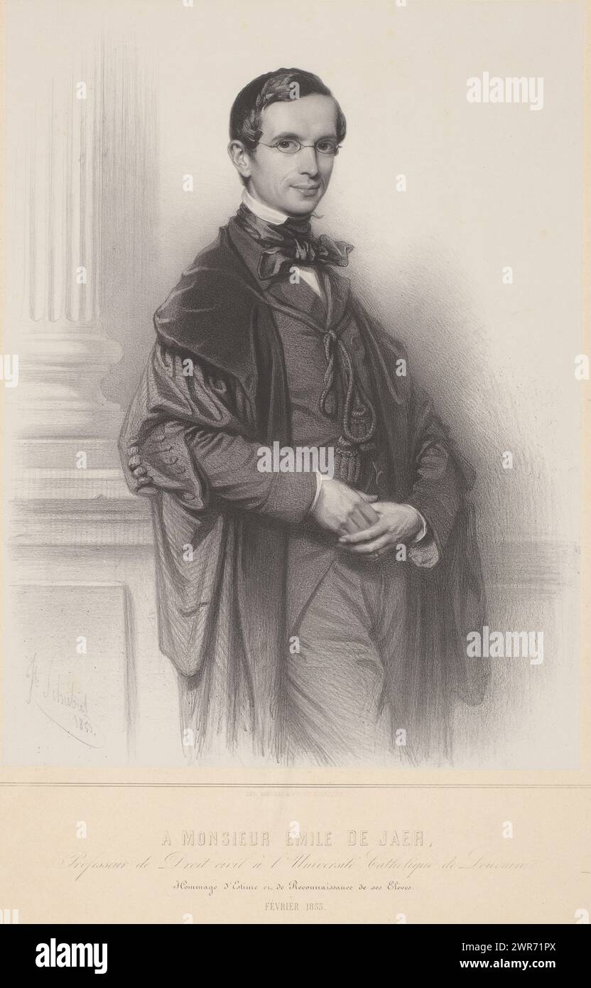 Ritratto di Emile de Jaer, A Monsieur Emile de Jaer (...) (Titolo sull'oggetto), professori dell'Università di Liegi (titolo della collana), stampatore: Joseph Schubert, stampatore: Simonau & Toovey, Emile de Jaer, Bruxelles, 1855, carta, altezza 574 mm x larghezza 414 mm, stampa Foto Stock