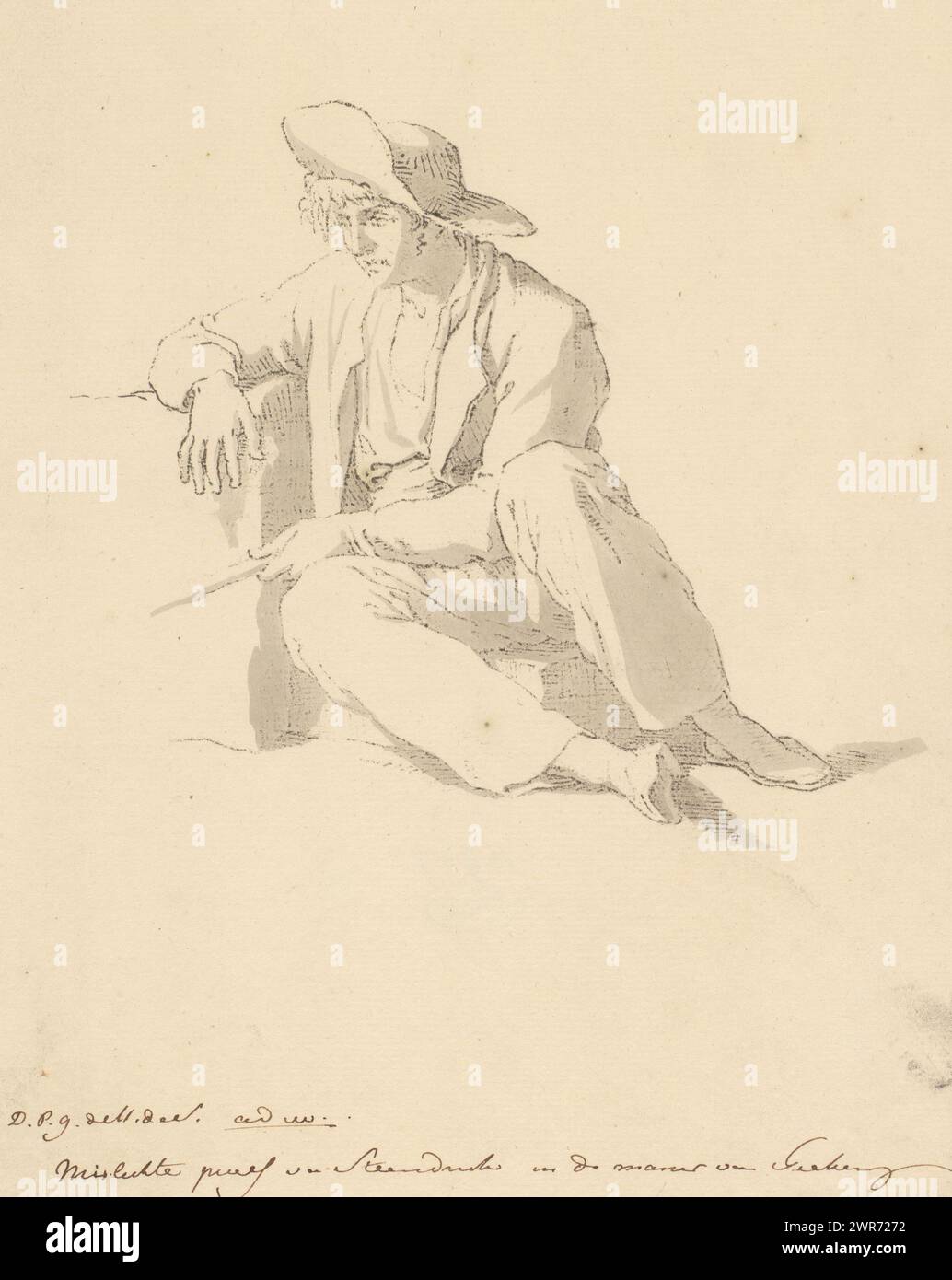 Pescatore seduto, pescatore seduto, si appoggia contro un blocco di pietra e ha la canna da pesca nella mano sinistra., stampatore: David Pièrre Giottino Humbert de Superville, stampatore: David Pièrre Giottino Humbert de Superville, Leida, 1820, carta, altezza 290 mm x larghezza 205 mm, stampa Foto Stock