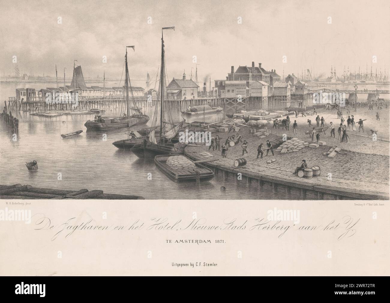 Vista del Nieuwe Stadsherberg ad Amsterdam, del De Jagthaven e dell'Hotel 'Nieuwe Stads Herberg' sull'IJ, ad Amsterdam 1871 (titolo sull'oggetto), l'IJ visto dal Korte Singel con l'impianto di imballaggio delle aringhe sulla destra dove le navi vengono caricate e scaricate. Dietro di esso il Nieuwe Stadsherberg poco prima della demolizione. Sullo sfondo a sinistra la torre di Ransdorp, a destra l'Oosterdok., stampatore: Willem Hendrik Eickelberg, stampatore: Tresling & Comp., editore: C.F. Stemler, stampatore: Paesi Bassi, stampatore: Amsterdam, editore: Amsterdam, 1871, carta Foto Stock