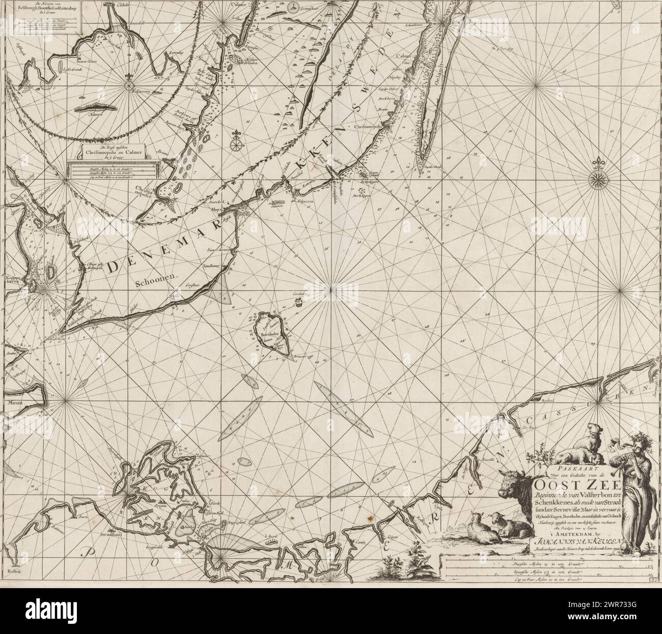 Passa la mappa di una parte meridionale del Mar Baltico, passa la mappa di una parte del Mar Baltico, partendo da Valsterbon a Schenkkenes e anche da Straalsund a Sernevise, che contiene: 'TEylandt Rugen, Bornholm, e una parte di Oelandt. Accuratamente redatto e da corregge solo quelli sbagliati. (Titolo sull'oggetto), passa la mappa di una parte meridionale del Mar Baltico, dalla città tedesca di Stralsund alla città polacca di Łeba e dalla città svedese di Skanör a Kalmar, con tre rose di bussola, il Nord è in cima. Due mappe in alto a sinistra di parte della costa sud-orientale della Svezia Foto Stock