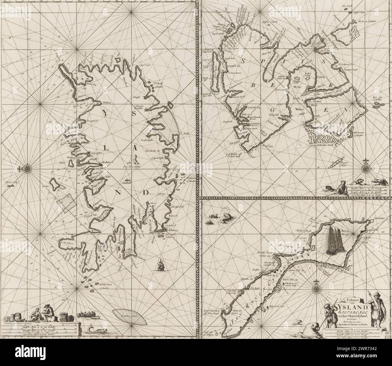 Mappa in tre parti dell'Islanda, dell'isola Jan Mayen e di Spitsbergen, mappa in tre parti di Ysland, Spitsberge e Jan Mayen Eyland (titolo sull'oggetto), mappa in tre parti dell'Islanda, dell'isola Jan Mayen e di Spitsbergen, con tre rose di bussola. In basso a destra il titolo, affiancato da due pescatori e un tricheco. Ogni mappa ha una scala decorata in basso in tedesco, spagnolo e inglese o francese Miles., stampatore: Jan Luyken, editore: Johannes van Keulen (i), unknown, Amsterdam, 1681 - 1799, paper, incisione, incisione, altezza 520 mm x larghezza 585 mm, stampa Foto Stock