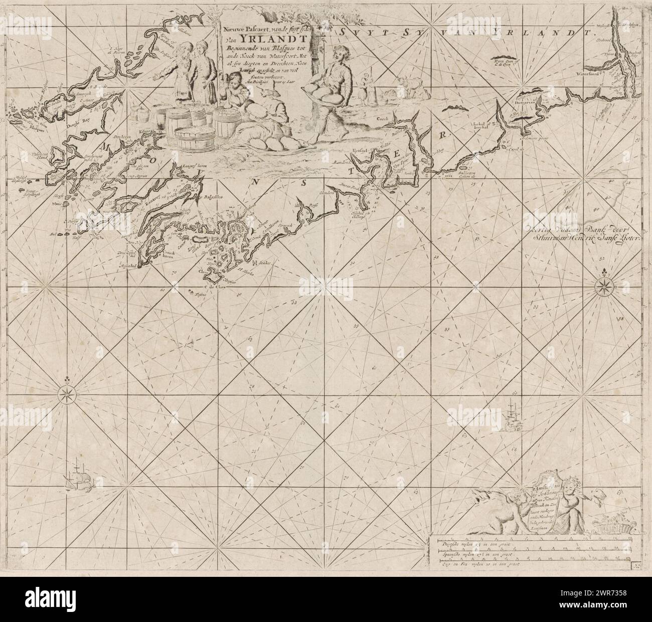 Mappa di una parte della costa meridionale dell'Irlanda, Nieuwe Pascaert vande suyt syde van Yrlandt (titolo sull'oggetto), Mappa di una parte della costa meridionale dell'Irlanda con due rose di bussola, Nord è in cima. In cima al centro vicino al cartiglio con il titolo, una donna che sgrigia e uomini che consegnano e confezionano il burro. In basso a destra due angeli con un cesto pieno di fiori all'indirizzo dell'editore e la scala, mostrata in tedesco, spagnolo e inglese o miglia francesi (scala: c. 1:550,000)., stampatore: Anonimo, dopo la stampa di: Jan Luyken, editore: Johannes van Keulen (i), Amsterdam, 1681 - 1803 Foto Stock