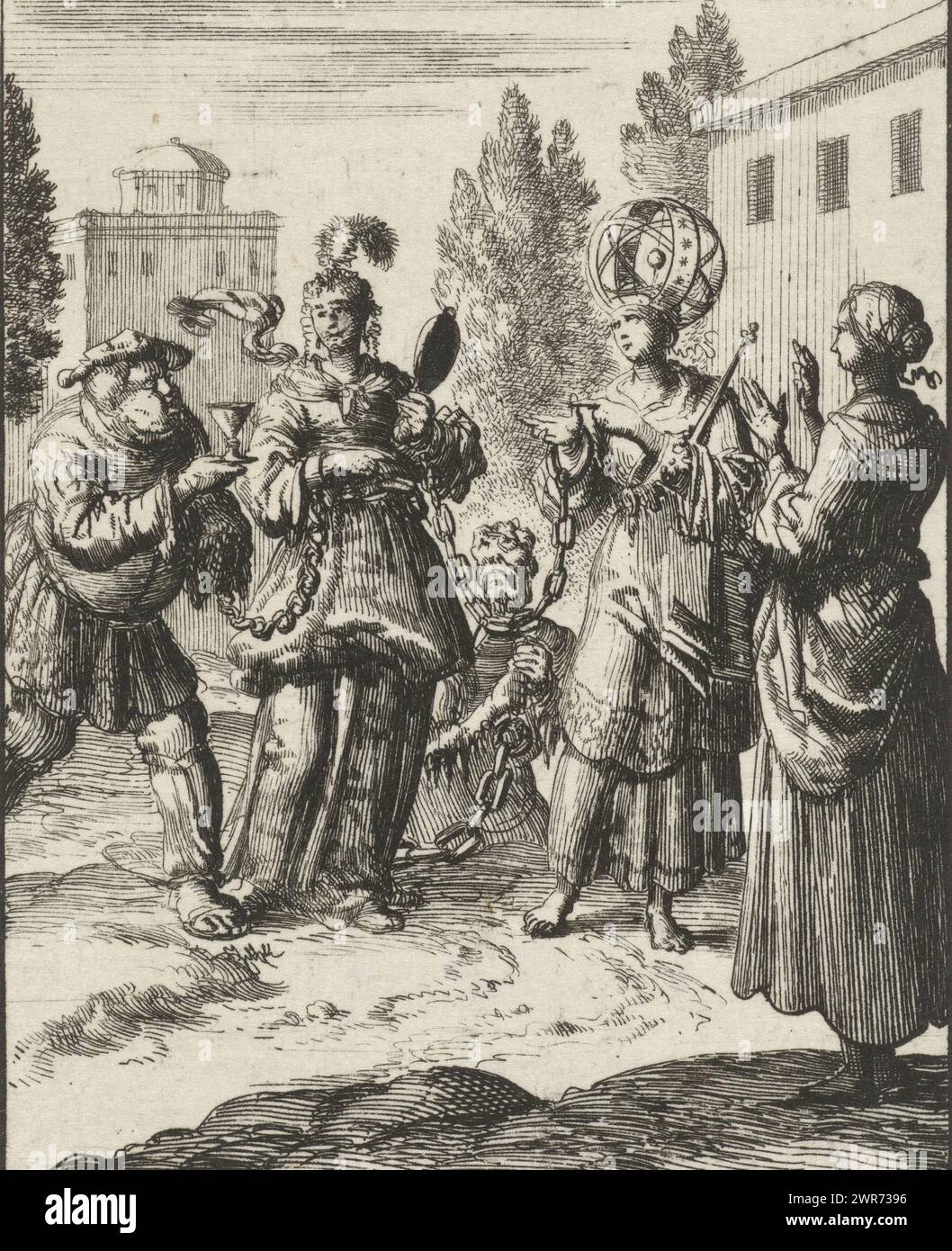 Donna che custodisce una donna riccamente vestita che è incatenata al mondo, Lust and the Devil, o Goude freeheyt, tipografo: Jan Luyken, editore: Pieter Arentsz (II), Amsterdam, 1687, carta, incisione, altezza 92 mm x larghezza 73 mm, stampa Foto Stock