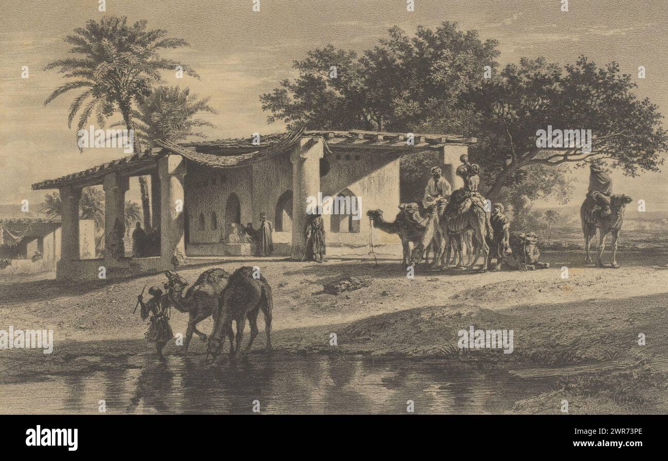 Caravan riposa vicino all'acqua ed edifici nel paesaggio desertico, stampatore: Adolphe Mouilleron, dopo aver dipinto: George Antoine Prosper Marilhat, stampatore: Victor Jacques Bertauts, Parigi, 1830 - 1880, carta, altezza 360 mm x larghezza 548 mm, stampa Foto Stock