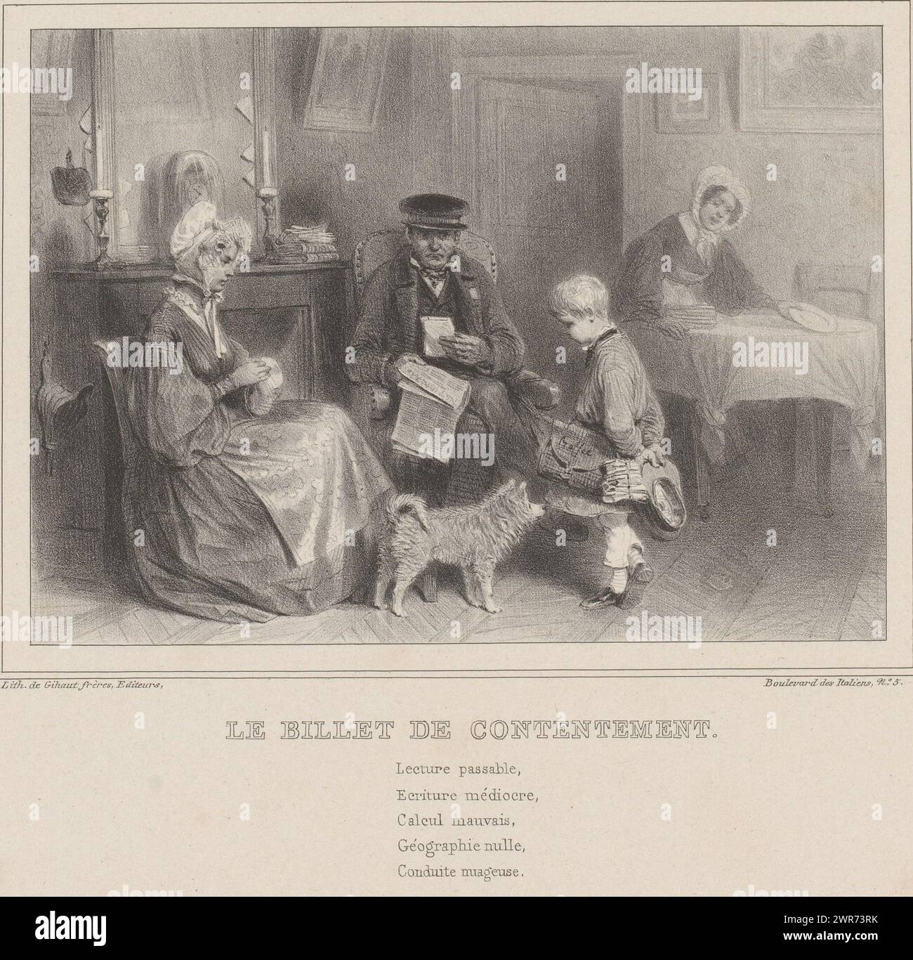 Child shows Bad report to man, le billet de contentement (titolo sull'oggetto), album con dodici stampe di Auguste Raffet dal 1836 (titolo della serie), album de 1836 (titolo della serie), print maker: Denis Auguste Marie Raffet, printer: Gihaut frères, editore: Gihaut frères, Parigi, 1836, carta, altezza 288 mm x larghezza 425 mm, stampa Foto Stock