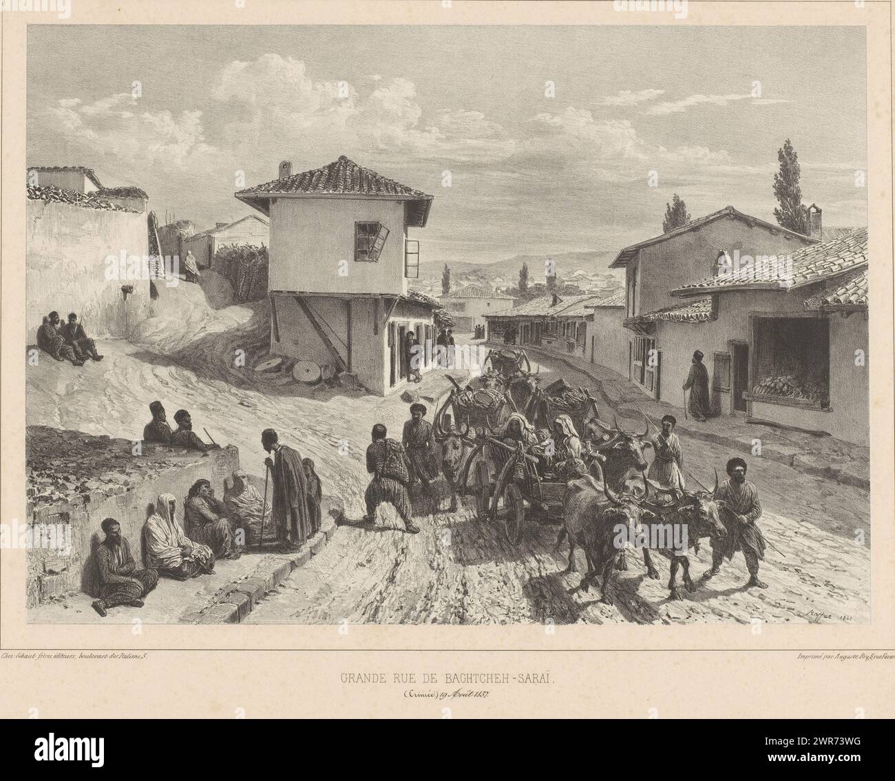 Vista della strada principale di Baghtcheh-Sarai, 19 agosto 1837, grande rue de Baghtcheh-Sarai. (Crimée) 19 agosto 1837 (titolo sull'oggetto), viaggio attraverso la Russia meridionale e la Crimea (titolo della serie), Voyage dans la Russie Méridionale et la Crimée (titolo della serie), stampatore: Denis Auguste Marie Raffet, dopo il progetto di: Denis Auguste Marie Raffet, stampante: Auguste Bry, Parigi, 1841, carta, altezza 361 mm x larghezza 548 mm, stampa Foto Stock