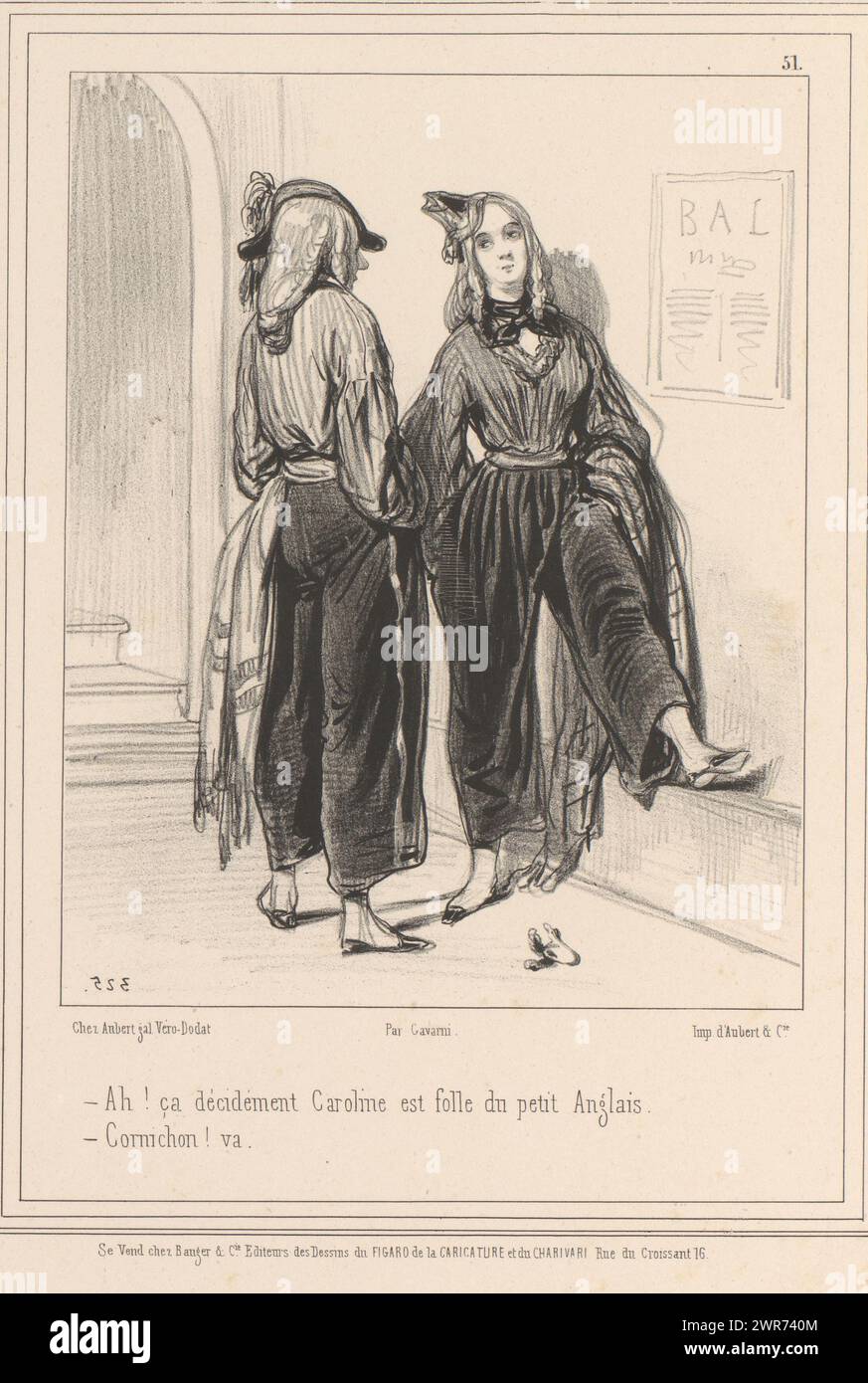 Uomo e donna in costumi alla moda parlano tra loro a teatro, Ah! Cea décidément Caroline est folle du petit Anglais (...) (Titolo sull'oggetto), costumi alla moda (titolo della serie), Les débardeurs (titolo della serie sull'oggetto), stampatore: Paul Gavarni, stampatore: Aubert & Cie, editore: Aubert & Cie, Parigi, 1841, carta, altezza 359 mm x larghezza 276 mm, stampa Foto Stock