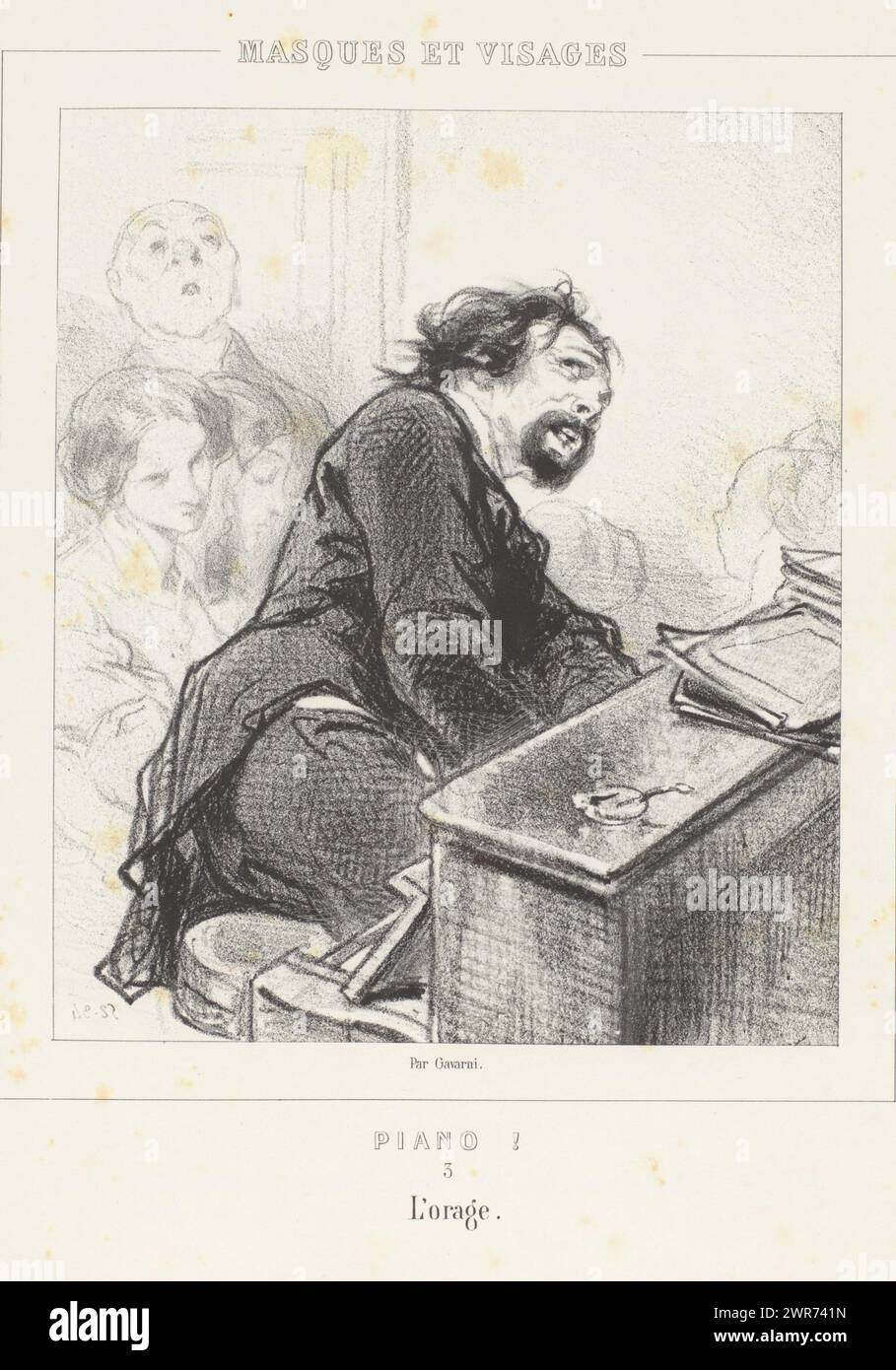 Il pianista suona per il pubblico, l'orage (titolo sull'oggetto), pianoforte (titolo della serie), Masques et Visages. Piano! (Titolo della serie su oggetto), questa stampa fa parte di un album., stampatore: Paul Gavarni, stampatore: Joseph Rose Lemercier, editore: Librairie Nouvelle, Parigi, 1853, carta, altezza 378 mm x larghezza 275 mm, stampa Foto Stock