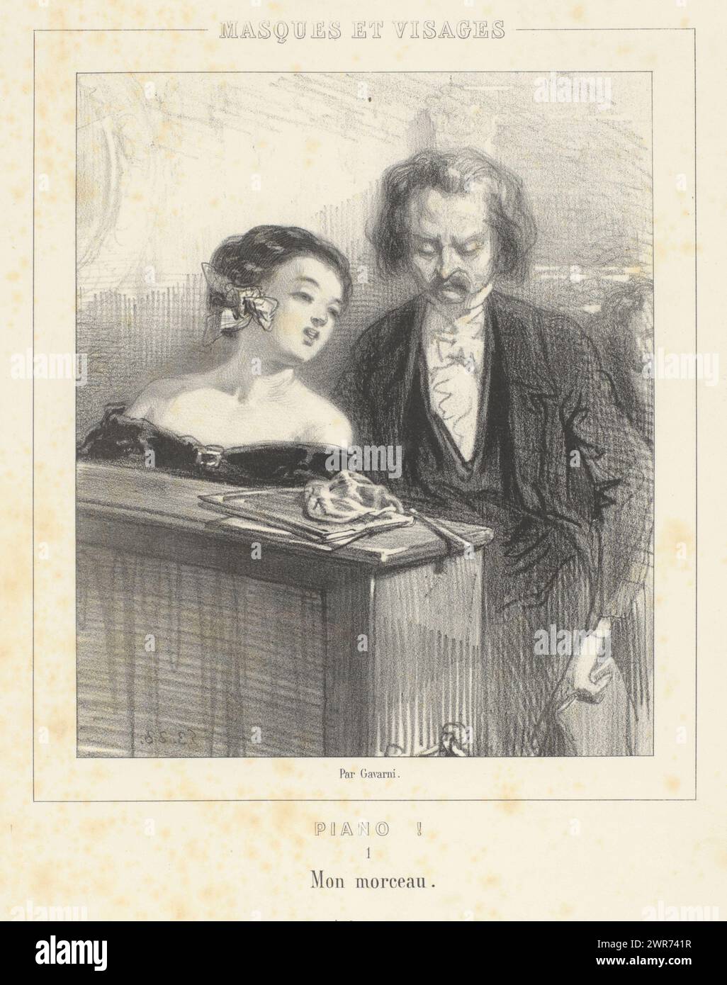 Insegnante di musica con ragazza di canto dietro il pianoforte, Mon morceau (titolo su oggetto), pianoforte (titolo della serie), Masques et Visages. Piano! (Titolo della serie su oggetto), questa stampa fa parte di un album., stampatore: Paul Gavarni, stampatore: Joseph Rose Lemercier, editore: Librairie Nouvelle, Parigi, 1853, carta, altezza 378 mm x larghezza 275 mm, stampa Foto Stock